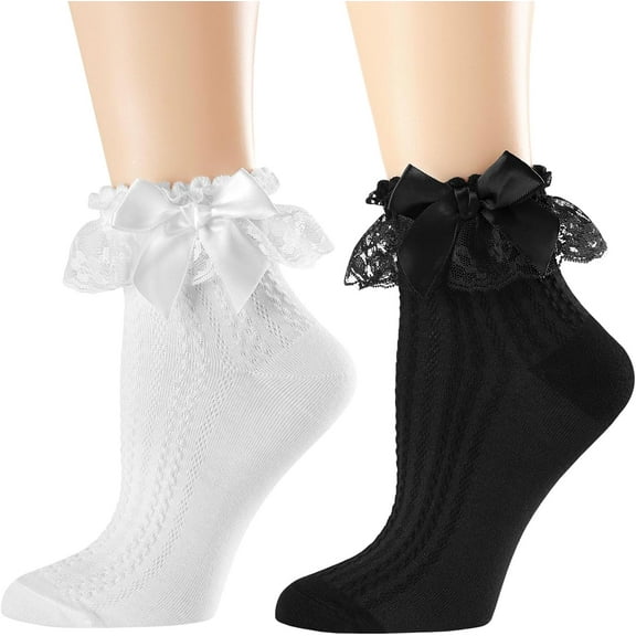Zhengup Womens Ankle Socks Lace Ruffle Frilly Cotton Cute Princess Ankle Dress Lace Socks for Girl 2 Pack