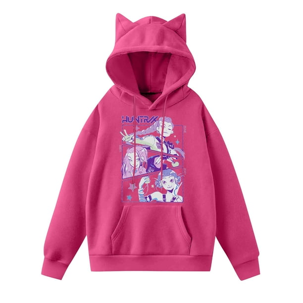 pop Huntrix Print Cat Ears Hoodie with De-mon Sweatshirt HUNTRX Movie Fashion Streetwear Long Sleeve Print Soft Sweatshirt L