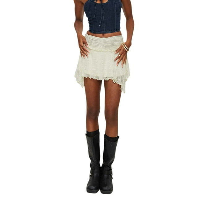 SUNSIOM Women's Mini Skirts Lace Ruched High Waist Skirts Spring Summer Irregular Hem Casual Skirts