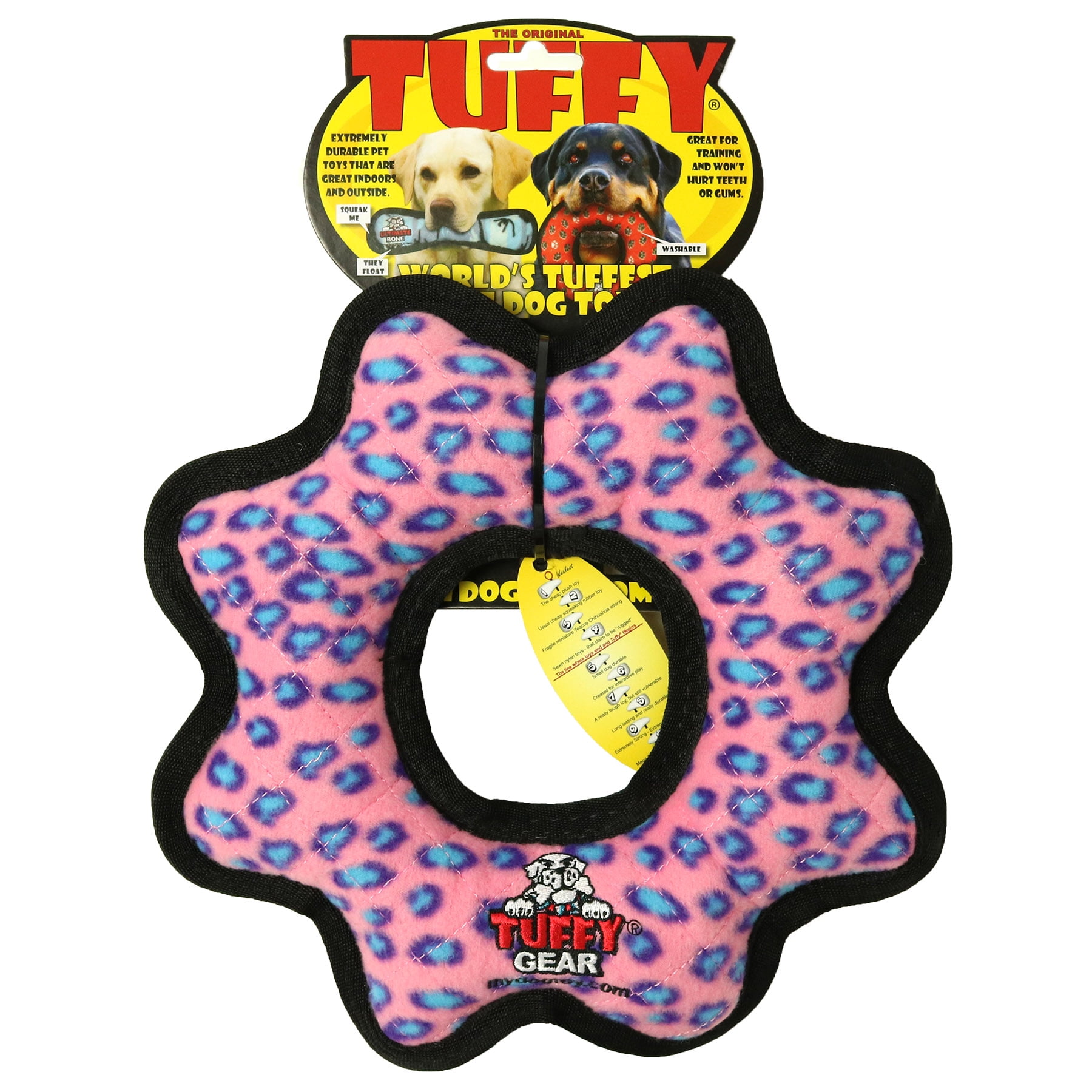 TUFFY® Ultimate Gear Ring Pink Leopard, 2-Pack, Durable Plush Squeaky Dog Toys