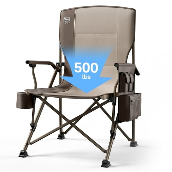 Timber Ridge Oversized Outdoor Folding Camping Chair, Heavy Duty High Back Chair with Cooler Bag, Cup Holder, Storage Pocket, Hard Armrest, Support 500 lbs, Sandy