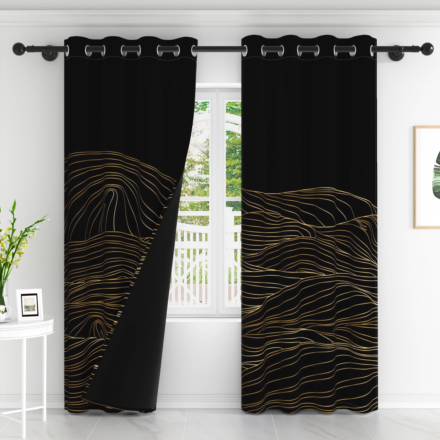Lfeey Gold Line Wave Blackout Curtains, Bedroom Darkening Blackout Curtains, 52x96 inches, Black Gold, 2 panels