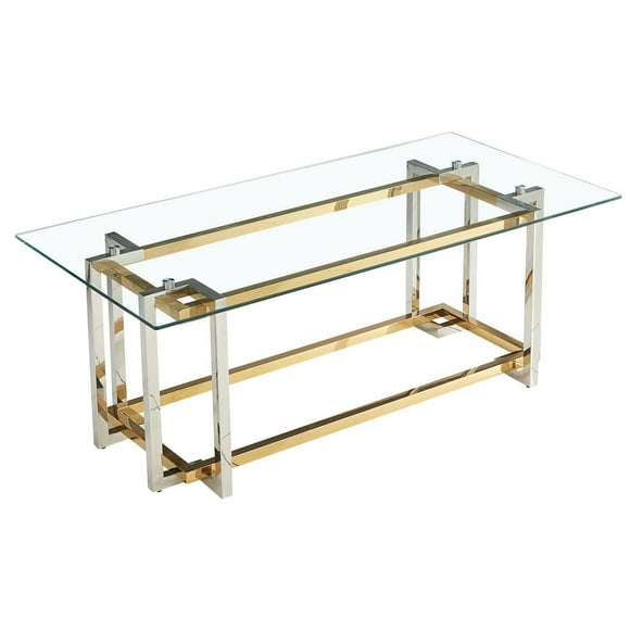 Table de salon contemporaine rectangulaire en verre et métal, argent et doré