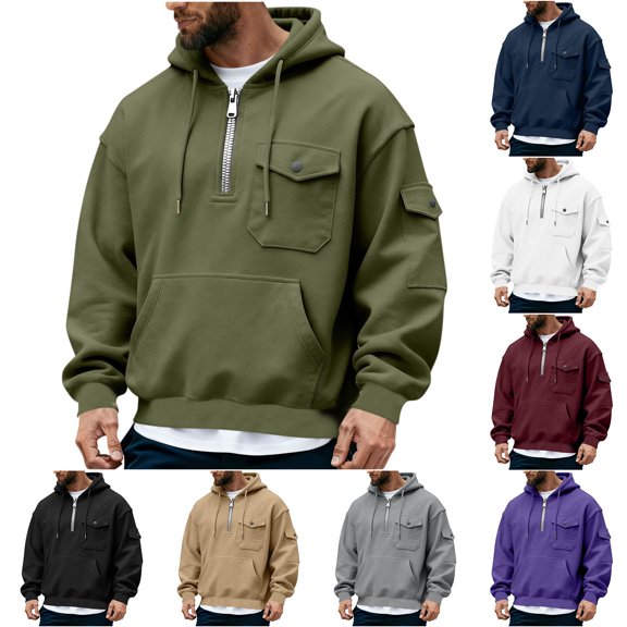 Hfnxid Mens Half Zip Hoodies Loose Long Sleeve Sweatshirts Pockets 1/4 Zipper Casual Sweatshirt Fashion Fall Pullover Gray,L