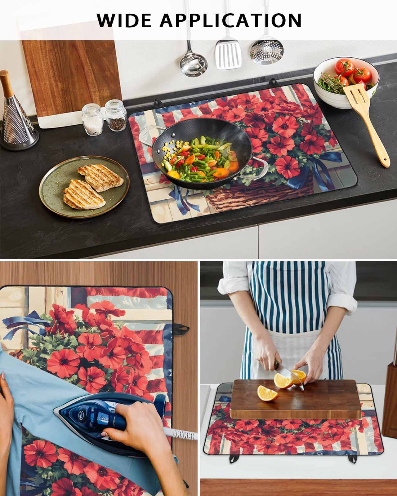 nqOlkjepod Large Induction Cooktop Protector Mat 24"x21", Independence Day Stove Top Covers for Electric Stove, Red Blue American Flag Flower Wood Stove Burner Cover Mats, Glass Top Stove Cover