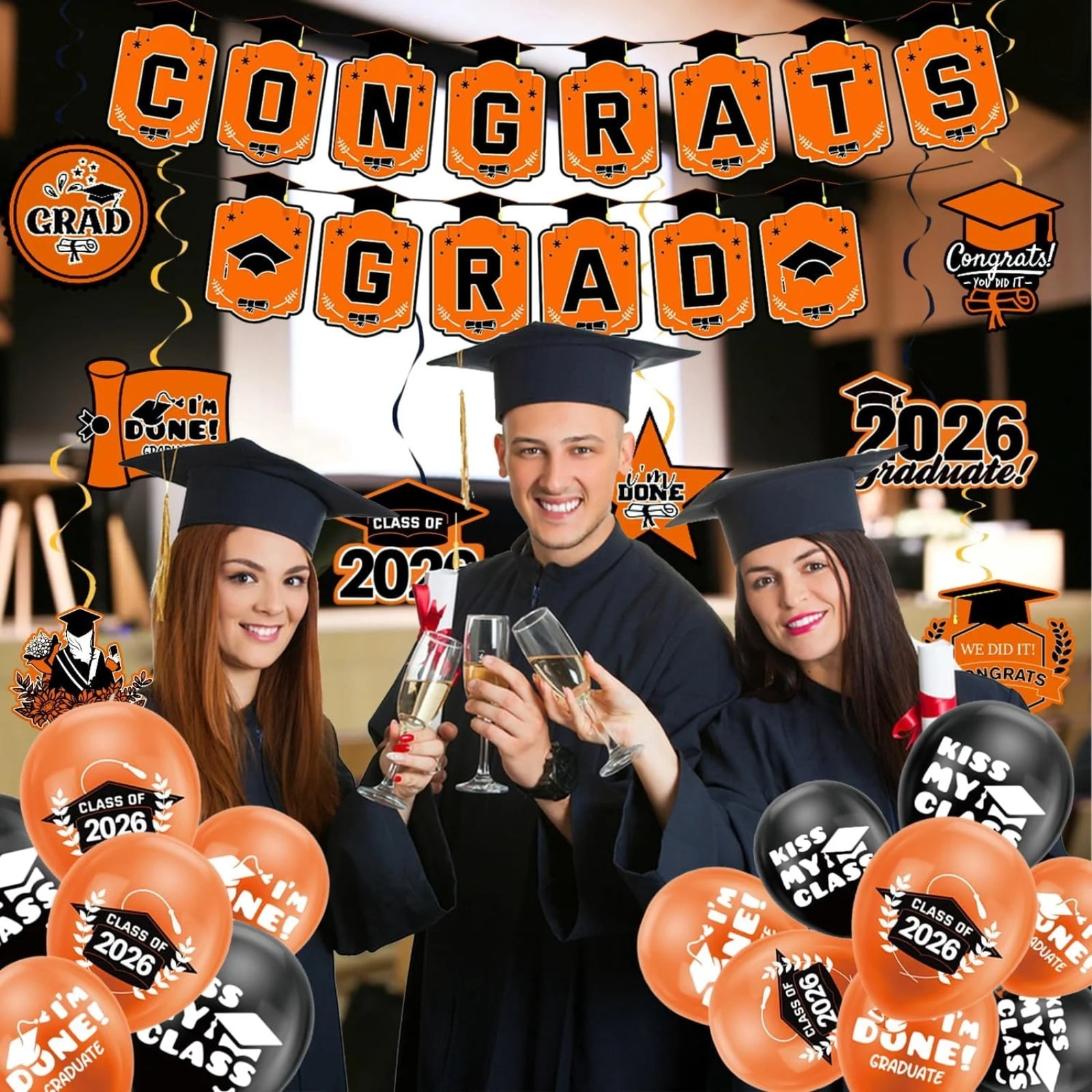 2026 Graduation Decorations, Graduation Party Decorations, Congrats Banner, Class of 2026 Banner, Graduation Balloons, Grad Cap Decorations, Photo Props for Photo Booth, 12 In, 32