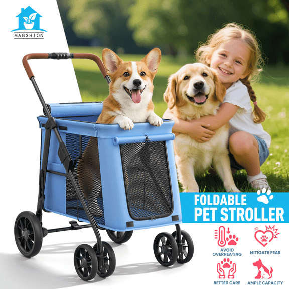 Magshion One-Click Fold Pet Stroller for Dogs Up to 66lbs, 4-Wheel Design with Breathable Mesh & Storage, Travel & Daily Walk, Blue