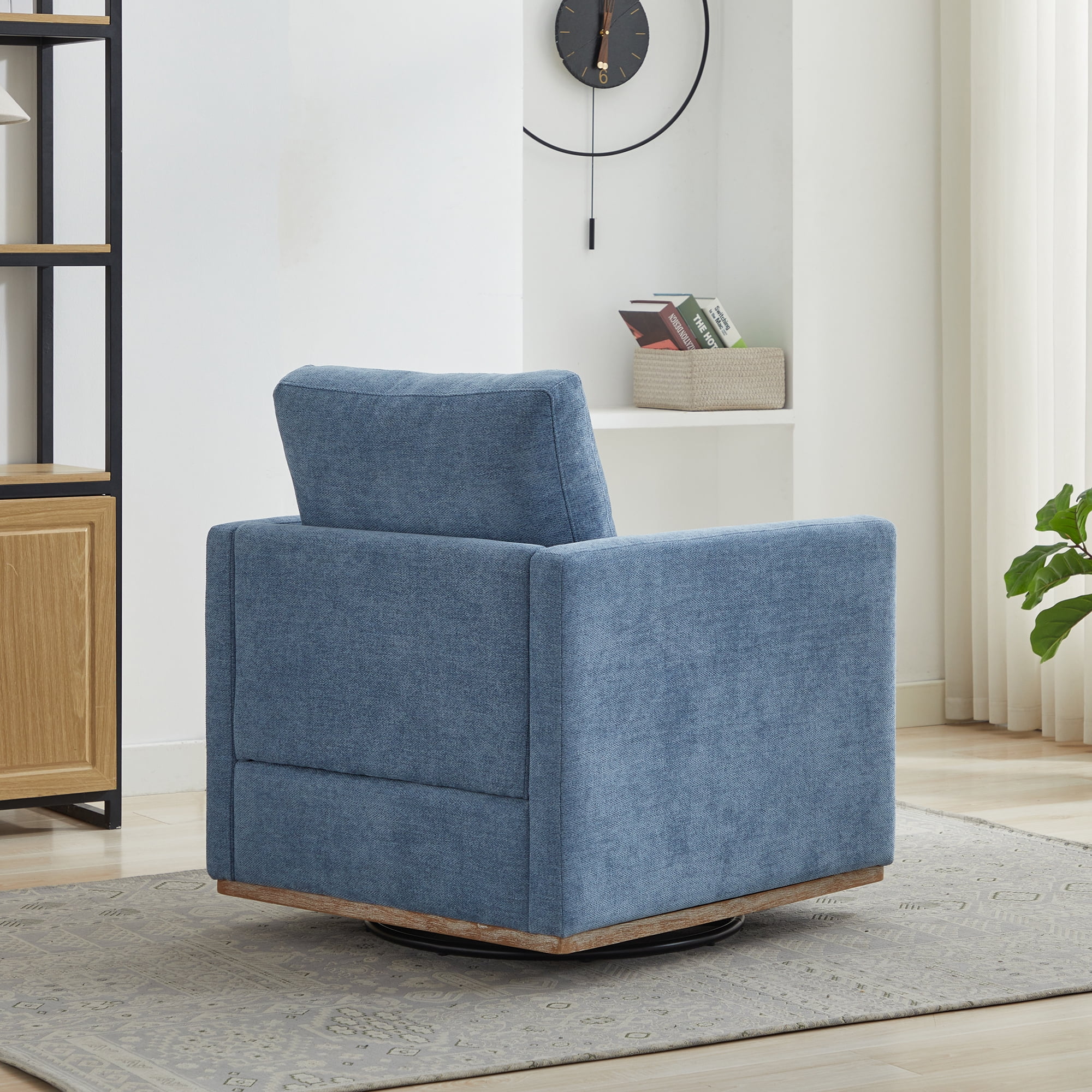 360° Swivel Accent Chair Chenille Arm Chair Upholstered Single Sofa Chair with Wooden Base,Club Lounge Reading Armchair for Living Room Bedroom Apartment,Blue