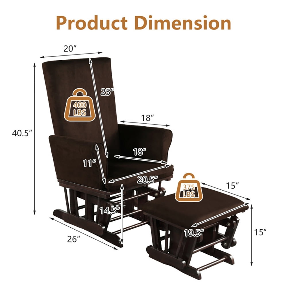 Finihen Glider and Ottoman Cushion Set, Wooden Rocking Nursery Chair, Baby Nursery Relax Rocker Rocking Chair Glider and Ottoman Cushion Set, for Napping, Nursing, Reading, Brown