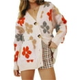 thumbnail image 3 of VISgogo, cárdigan de punto de manga larga para mujer, patrón de flores a la moda, cuello en V, abrigo de suéter de un solo pecho VISgogo  moda, 3 of 9