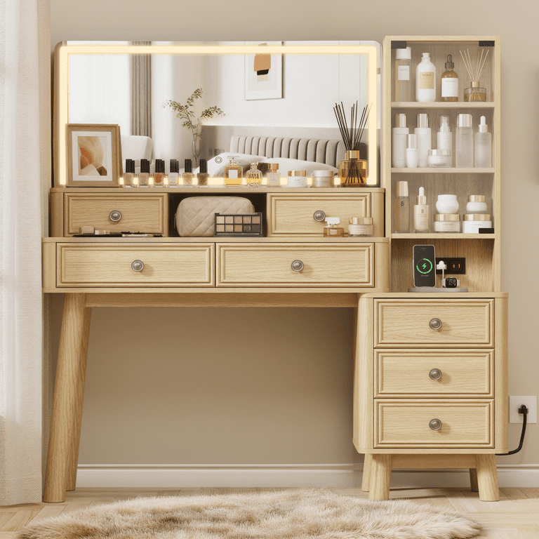 Lacoo 48'' Makeup Vanity Desk with Large 36'' Mirror & Lights, Vanity Set with Charging Station & Storage Drawers, Modern Vanity Table for Bedroom, Oak(2 Pack)