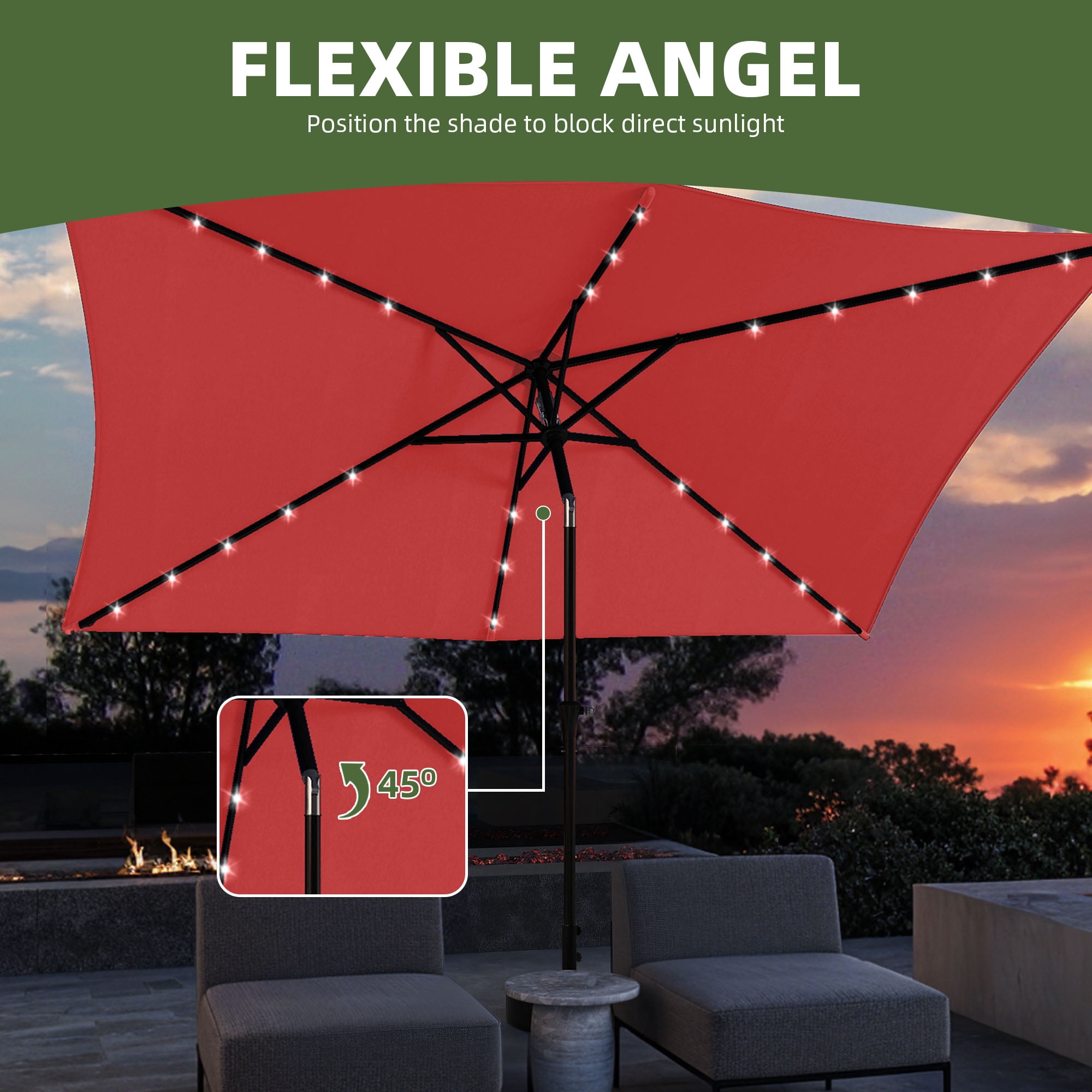 Uforic 6.5' x 10' Patio Umbrellas with 26 LED Lights,Outdoor Portable Shade Market Table Umbrella with Push Button Tilt & Adjust Crank, UV Resistant, Claret-red