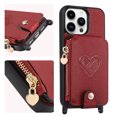 thumbnail image 5 of Compatible with iPhone 13 Pro Case Wallet, with Credit Card Holder Zipper Pocket Crossbody Strap Heart Pattern PU Leather Magnetic Clasp Kickstand Heavy Duty Protective Flip Cover, Red, 5 of 12