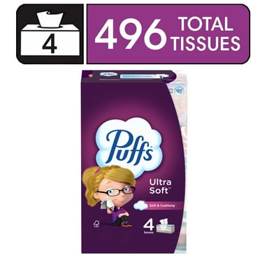 Puffs Ultra Soft Facial Tissues, 4 Family Size Boxes, 124 Tissues per Box, White