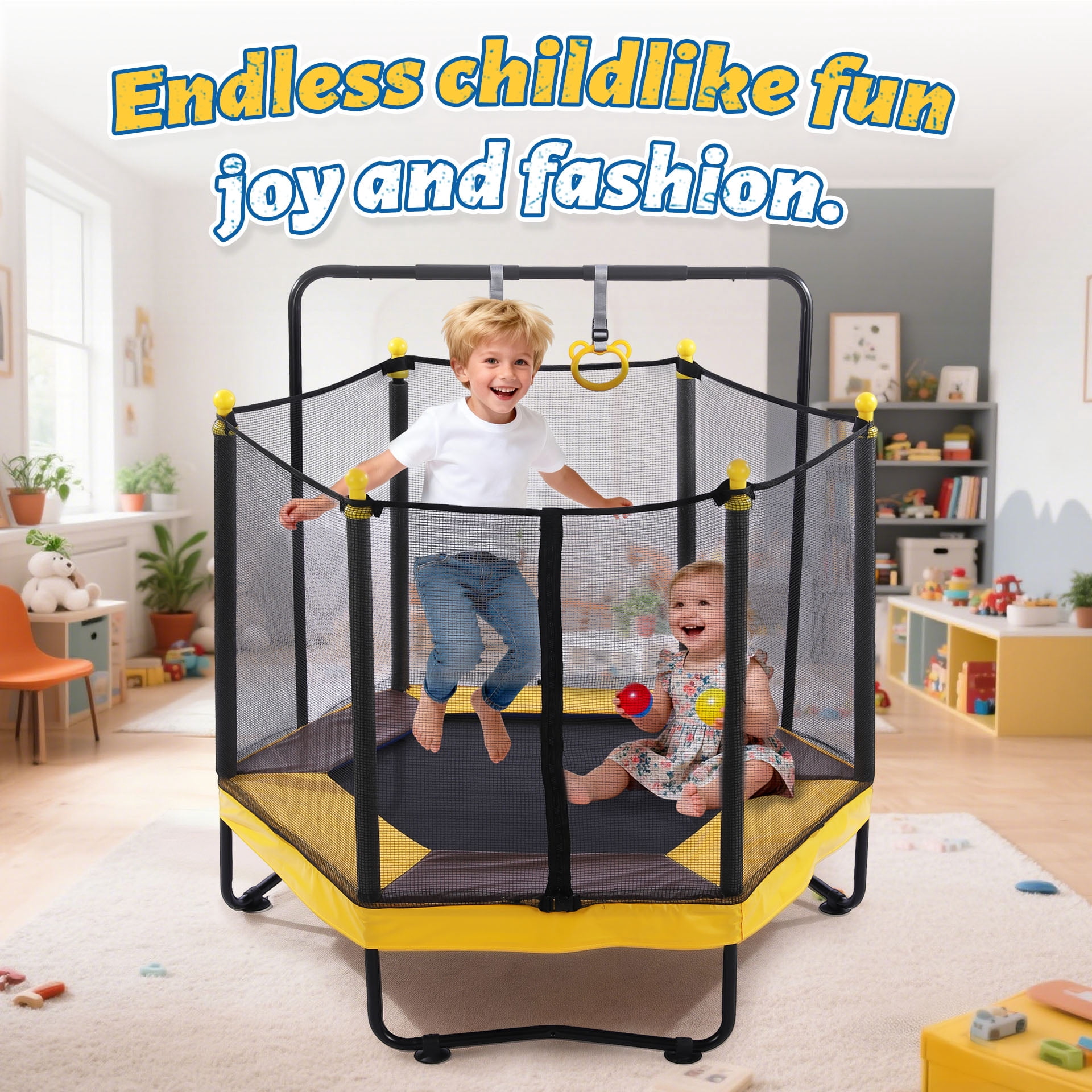 54" Kids Trampoline with Swing, Horizontal Bar, SEGMART 4-in-1 Oval Toddler Trampoline with Enclosure Safety Net, Outdoor Indoor Backyard Recreational Trampoline for Kids, Toddlers, Baby