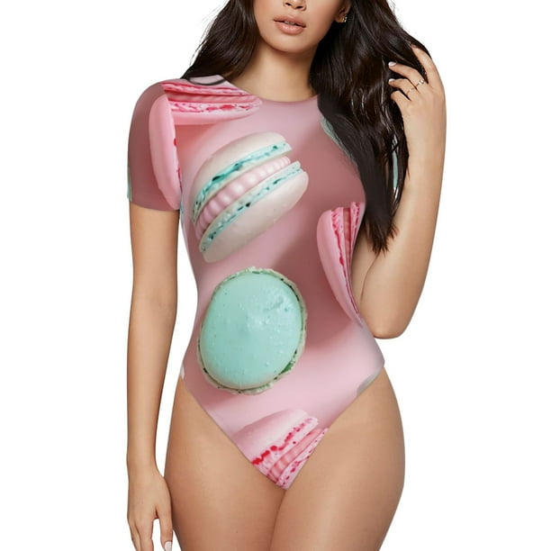 Fotbe Pastel Macarons Delight Body de Mujer con Cuello Redondo y Mangas Cortas, Sin Mangas Ajustado, Suave, Cómodo y Básico-Large