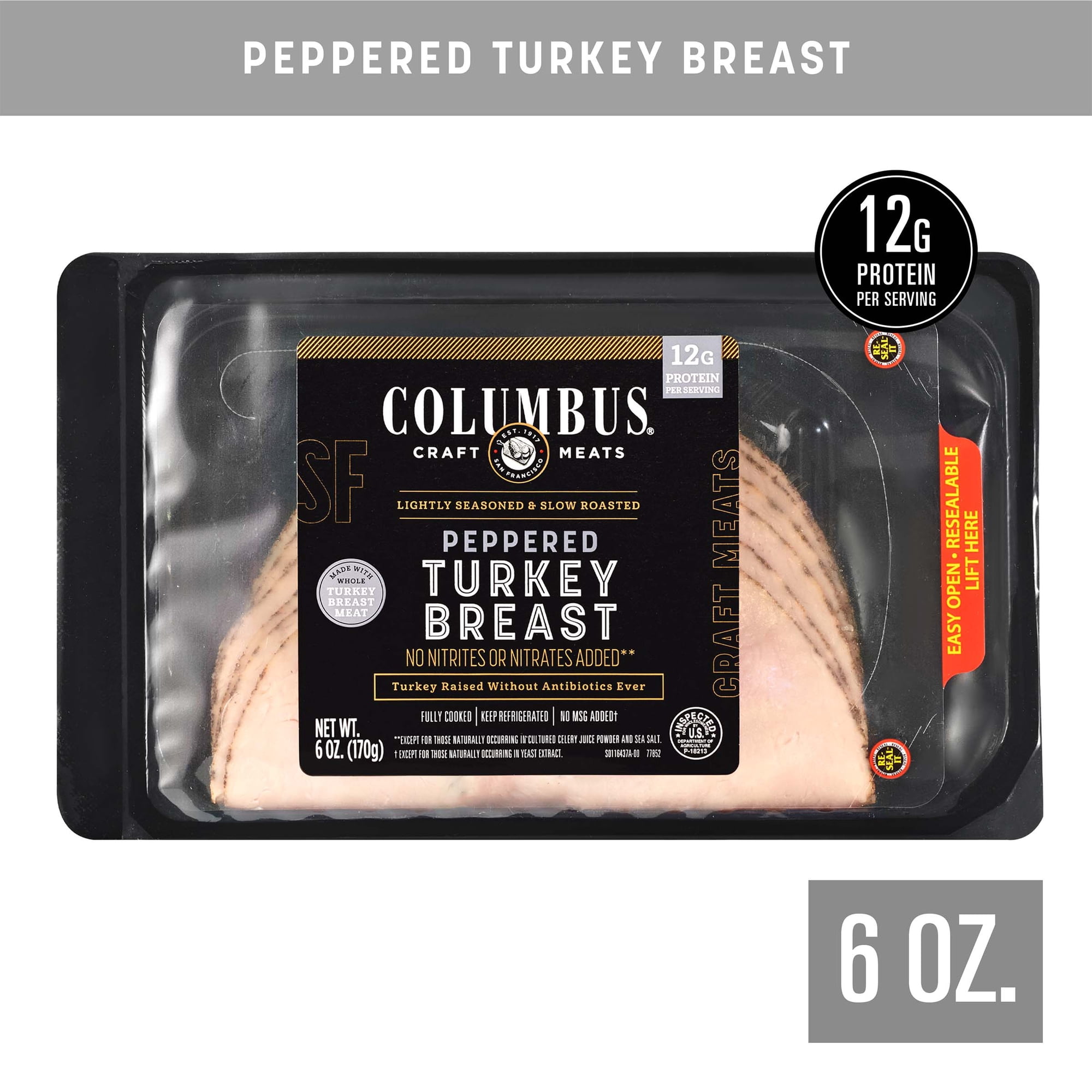 COLUMBUS Antibiotic-Free Peppered Turkey Breast, Resealable Tray, Sliced Deli Meat, 6oz, (Refrigerated)