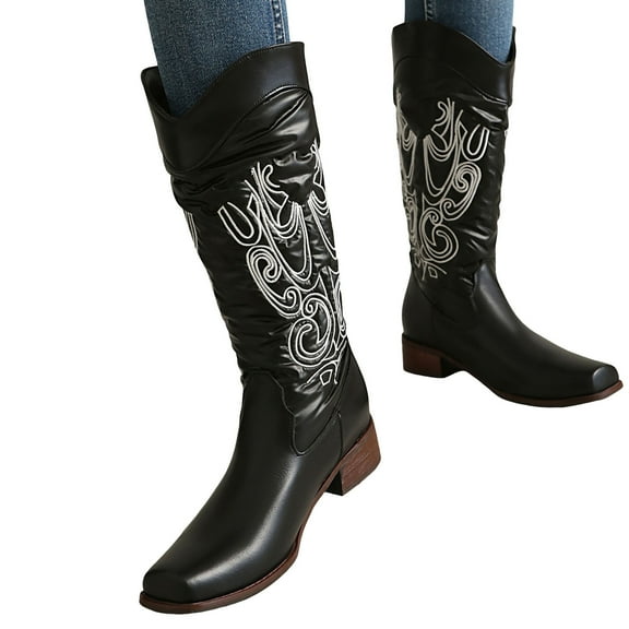Mostsola Cowboy Boots for Women Embroidery Heel Vintage Western Mid Calf Boots Cowgirl Boots