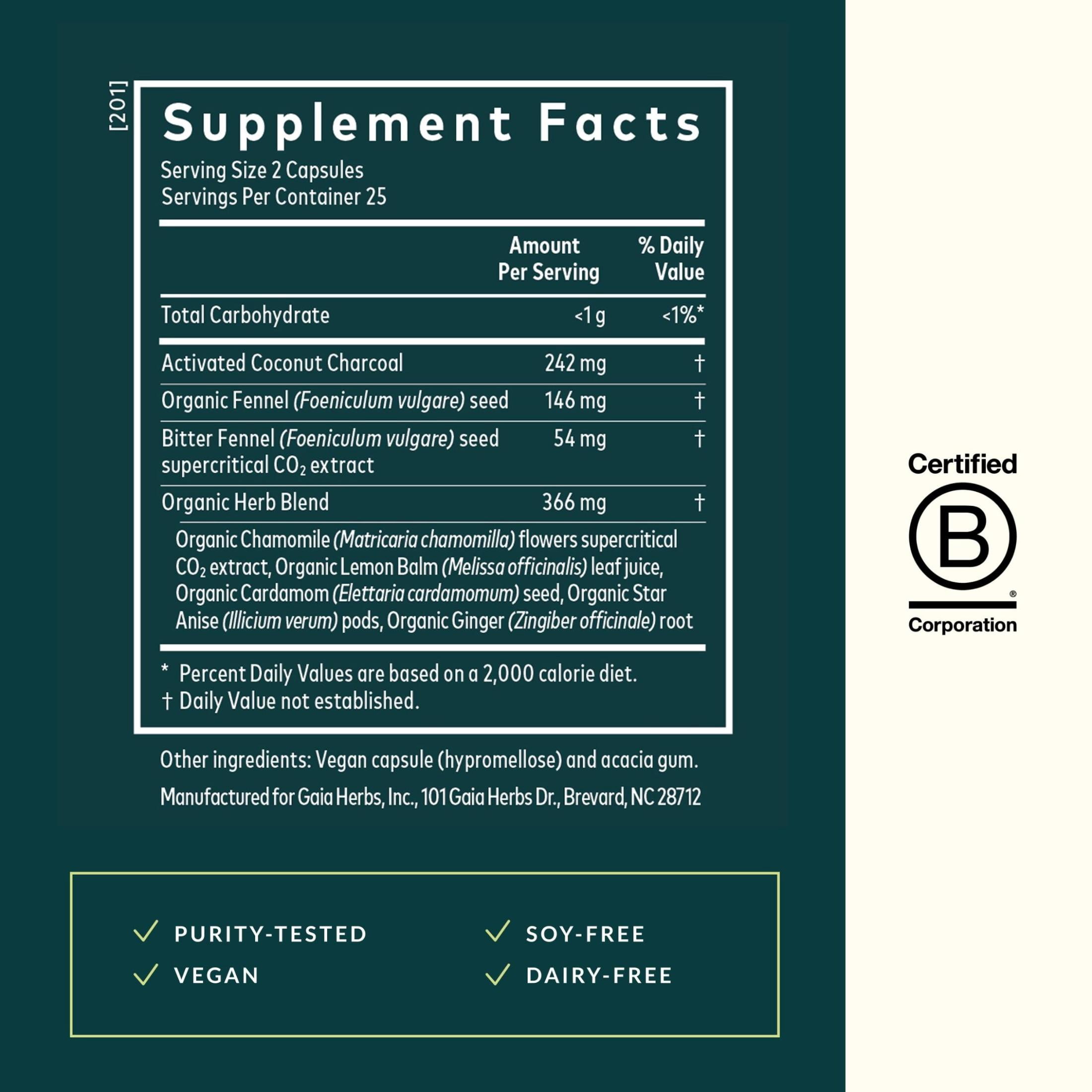Gaia Herbs Gas & Bloating - Provides Relief from Occasional Gas & Bloating* - With Activated Charcoal, Fennel & Chamomile - 50 Vegan Capsules (25 Servings)