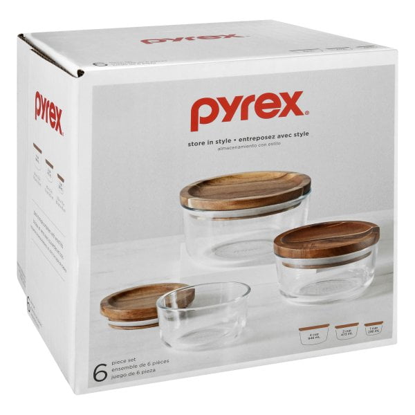Pyrex 6piece Glass Food Storage Container Set with Wood Lids
