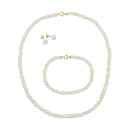 Freshwater Cultured Pearl 10k Yellow Gold Children's 3-Piece Necklace, Bracelet and Earrings Set