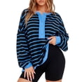 thumbnail image 2 of Womens Oversized Color Block Striped Sweatshirts Henley Shirts Casual Pullover Waffle Knit Tops, 2 of 7