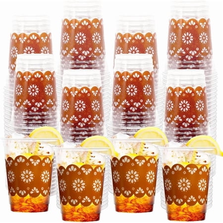 100 Pcs 12 oz Disposable Plastic Cups with Brown Floral Design