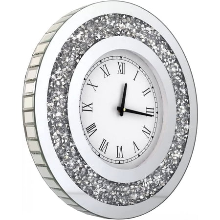 GGSW Silver Round Mirror Clock 20x20inches Crystal Sparkle Twinkle Bling Crush Diamond Mirrored Large Wall Clock for Wall Decoration Silver Glass Mirror Home Décor. AA Battery is not included.