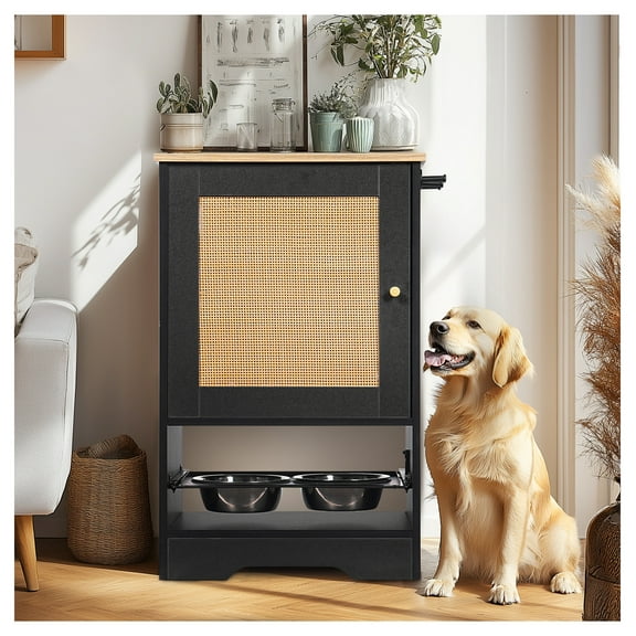 Feeding Station with 1 Storage Cabinets, Pet Feeding Station with 2 Elevated Dog Bowls, Side , Anti-tip Kit, Pet Feeder Station for Feeding & Watering, Black