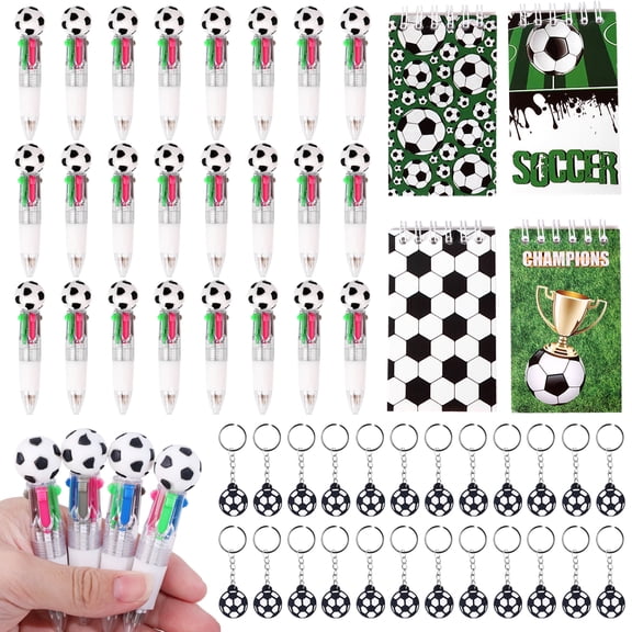 96PCS Soccer Party Favors for Kids, Soccer Goodie Bags Set with Multicolor Pens, Mini Notepads, Keychains & Gift Bags, School Supplies & Birthday Gifts
