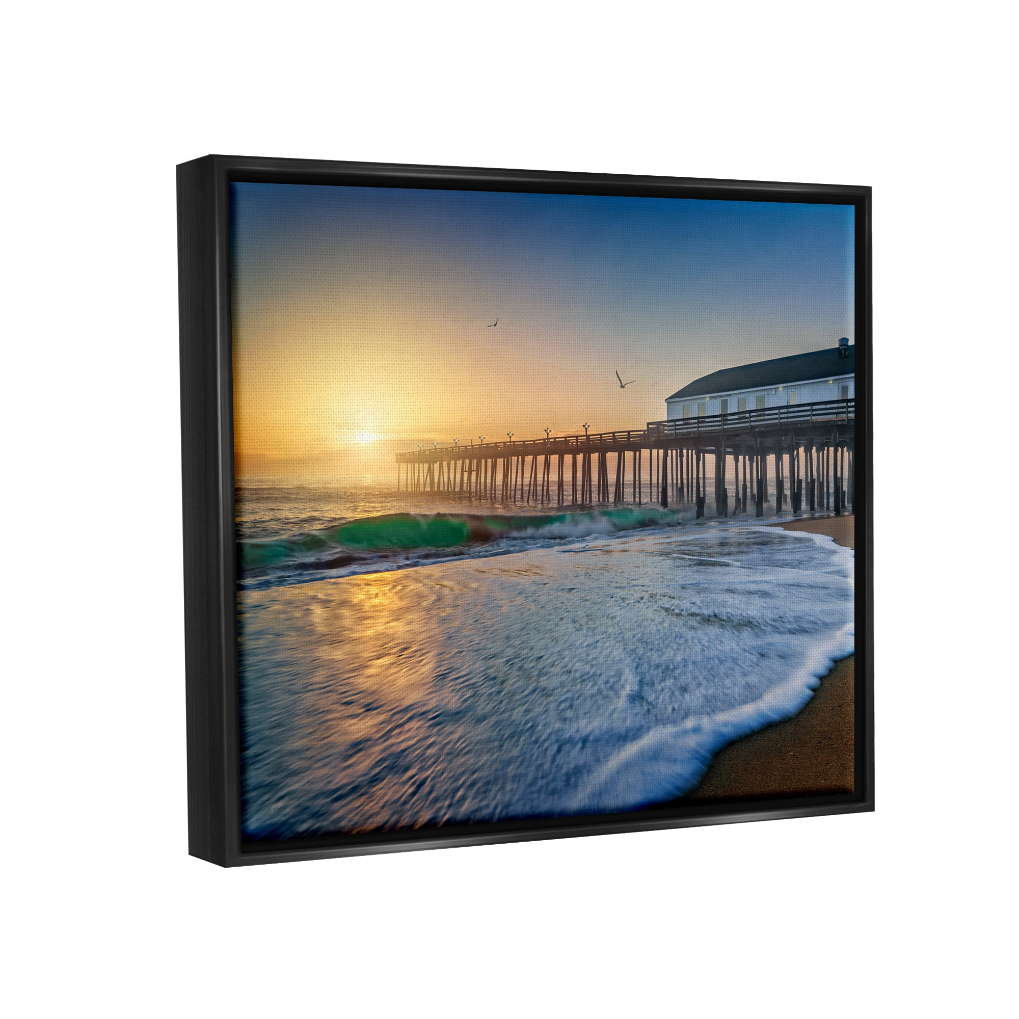 Stupell Sunlit Coastal Pier Ocean Foam Landscape Photography Black Floater Framed Art Print Wall Art