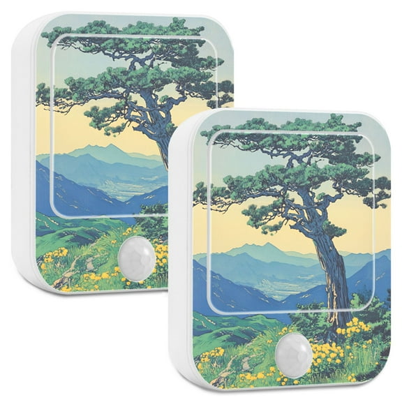 Yayeee 2-Pack Plug in LED Night Lights with Light Sensors Motion Detectors, Retro Mountain