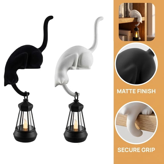 Cat Shelf Hook with Lantern Cat with Lantern Shelf Decor Rustic Farmhouse Gothic Cat Decor Playful Cat Decor Whimsical Cat Art Black Cat Wall Decor Built-in Hanging Accent,White