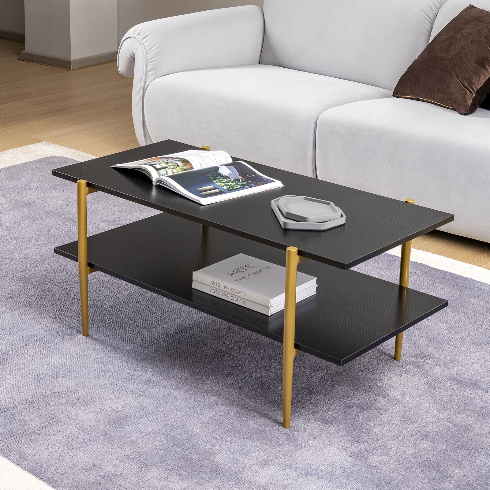Coffee Table for Living Room, 2Tier Black Rectangle Coffee Table with