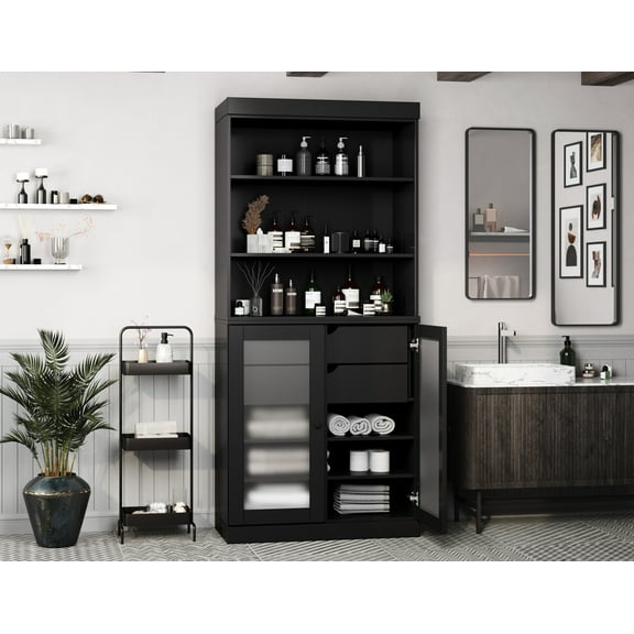 100% Solid Wood 32" Bathroom Cabinet with Frosted Glass Doors, 2-Drawers and Adjustable Shelves