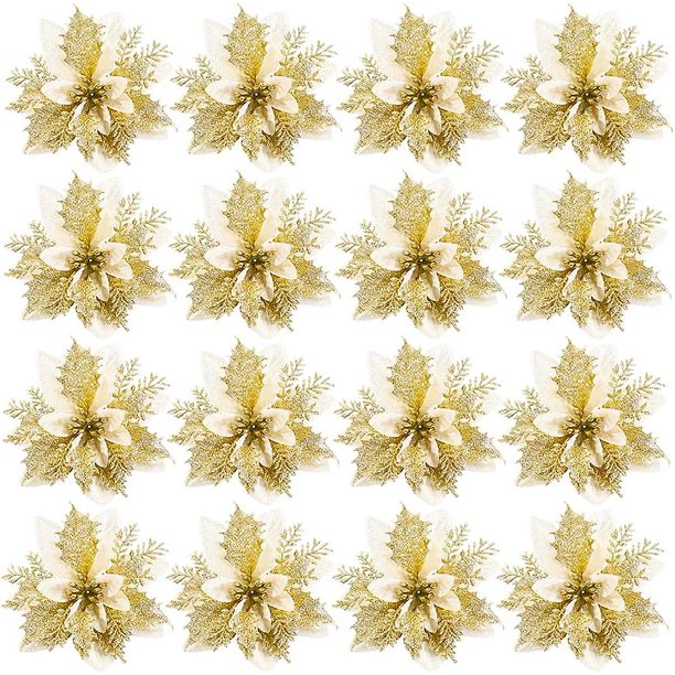 Flor de simulación navideña, 16 piezas de decoración para árbol de Navidad, decoración para árbol de Navidad con purpurina, adorno para árbol de Navidad, decoración navideña con purpurina A