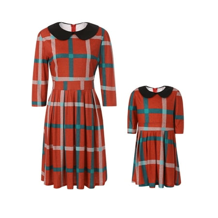 

Family Matching 1 Piece Buffalo Plaid Dress Mommy and Me Long Sleeve High Waist Patchwork Midi Dress