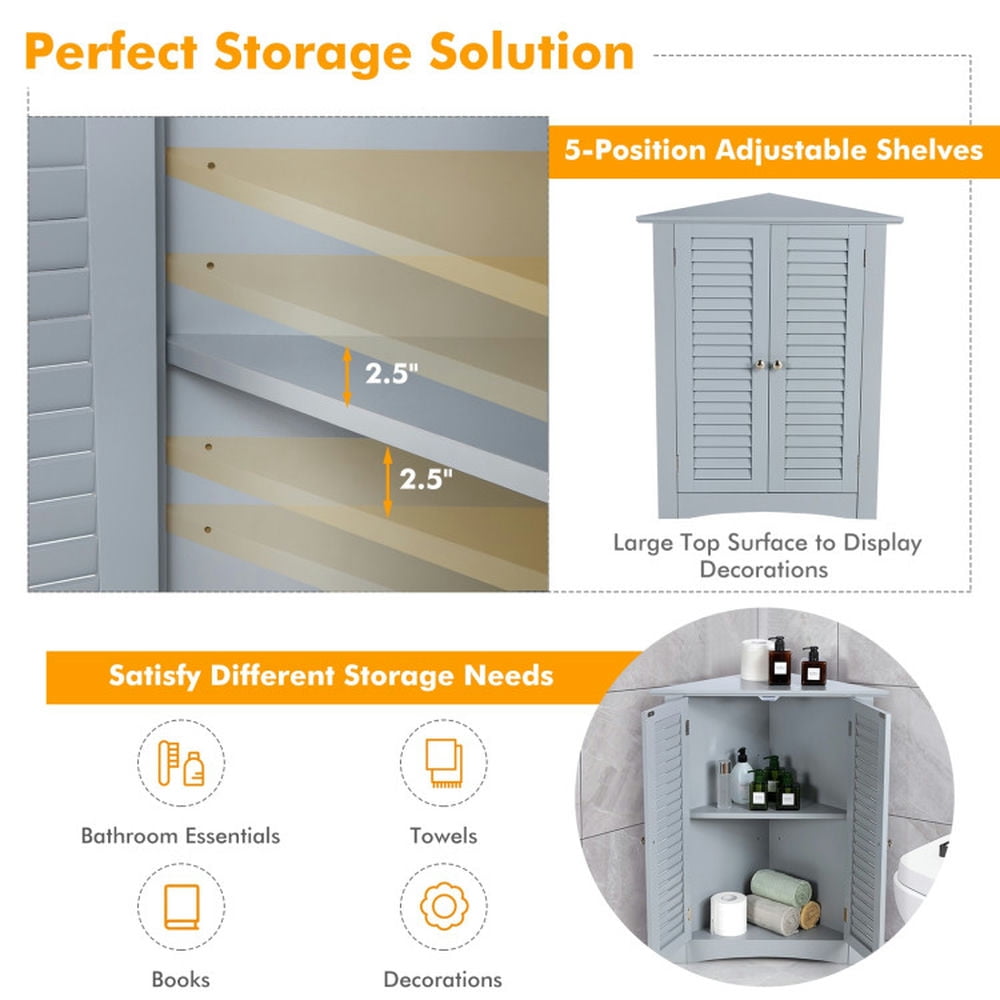 Finihen Bathroom Storage Cabinet, Bathroom Floor Cabinet, Bathroom Corner Storage Freestanding Floor Cabinet with Shutter Door, for Bathroom, Living Room, Bedroom, Kitchen, Gray