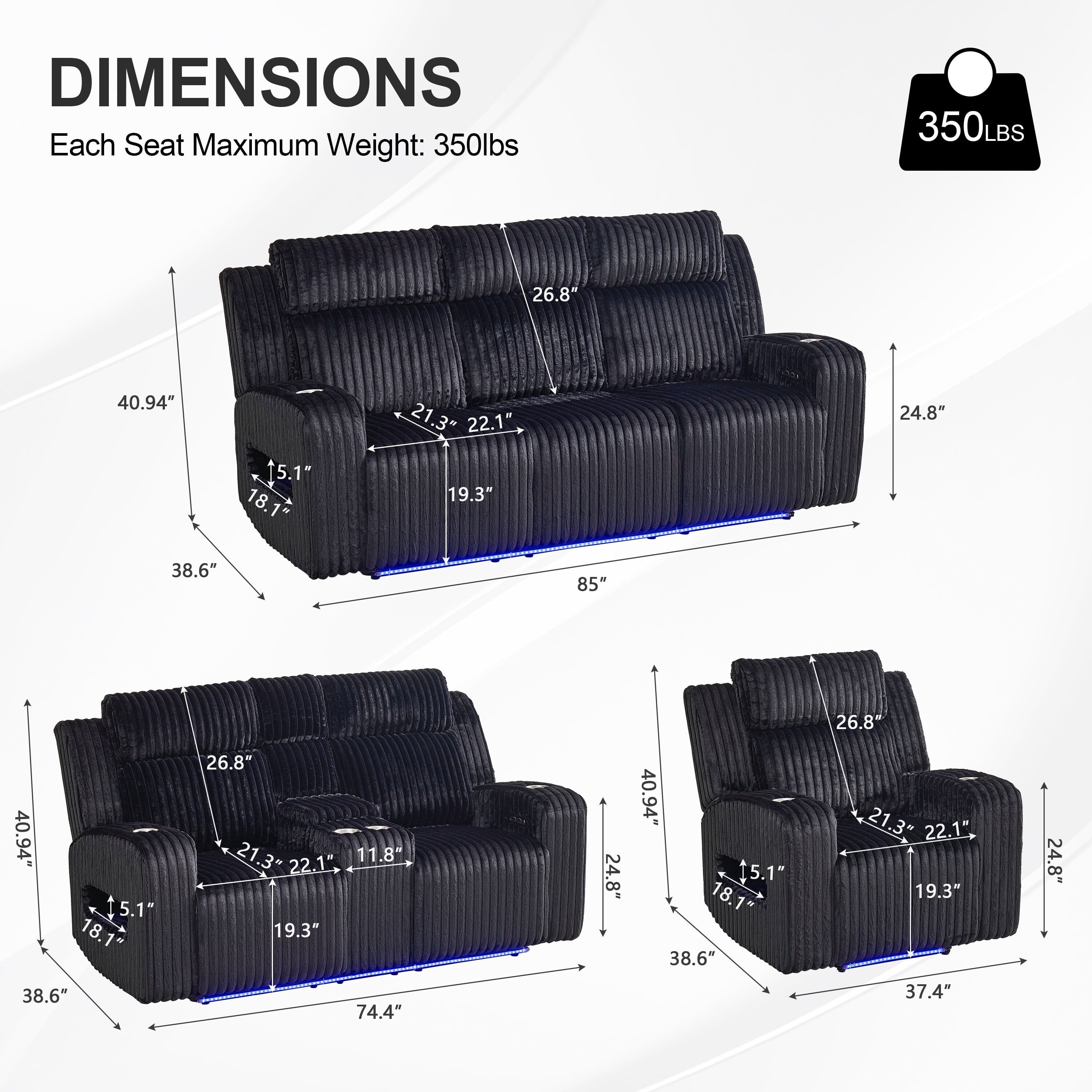 3PCS Power Zero Gravity Reclining Sofa Set with Adjustable Headrests,Bluetooth Speakers,Reading/LED Lights,Type C/USB Port,Cup Holders,Storage Console,Faux Fur Electric Couch,Loveseat,Recliner,Black