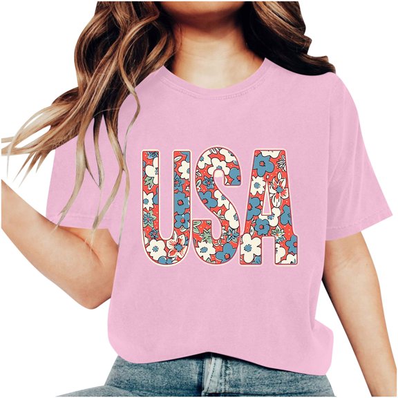 Levmjia Women's 4th of July T-Shirt Patriotic USA American Flag Vintage Distressed Print Short Sleeve Crew Neck Casual Summer Top for Independence Day Holiday