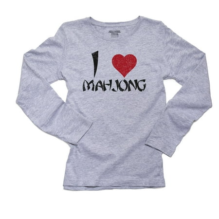 I Love Mahjong - Big Red Heart Asian Font Women's Long Sleeve Grey T-Shirt