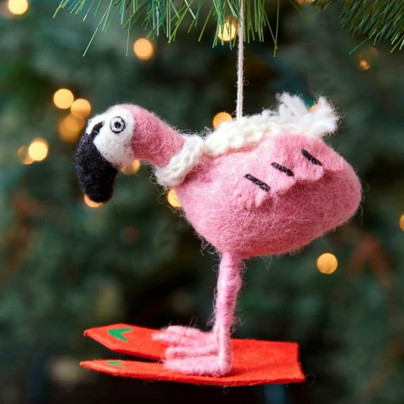 Nepal Hand Pressed Sheep Wool Skiing Flamingo Ornament
