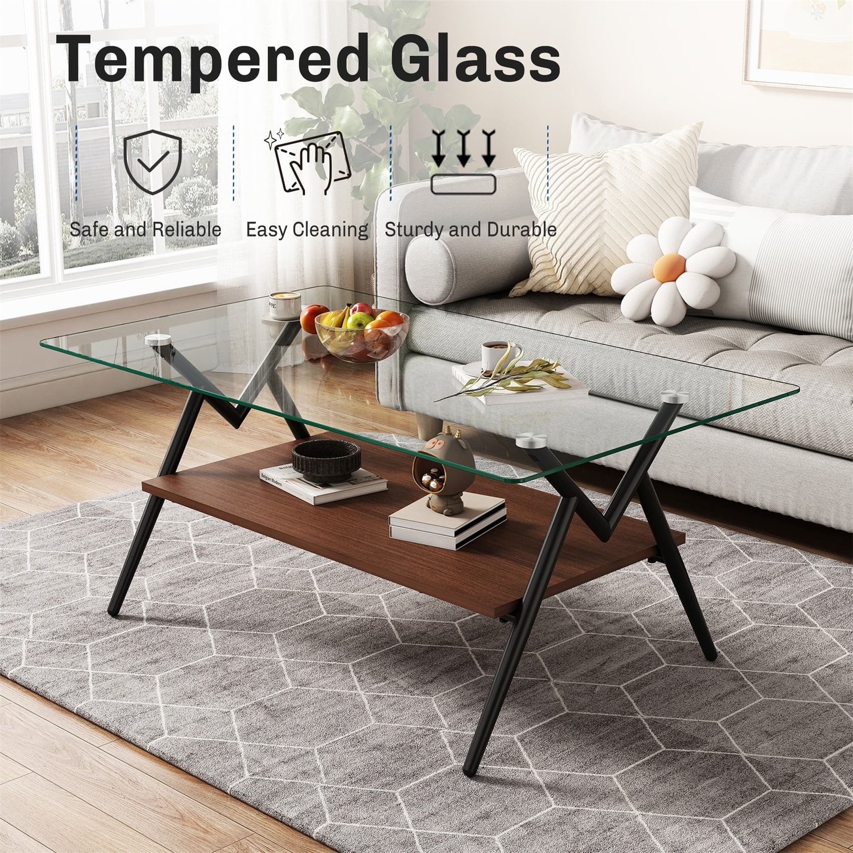 Alvantor Glass Coffee Table, 38.6" Rectangular Glass Coffee Table with Clear Tempered Glass Top and Metal Legs for Living Room Black