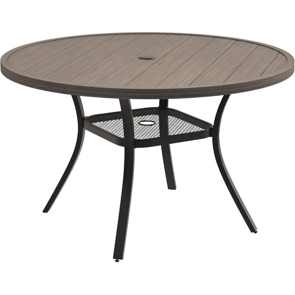 ThemisMetal Outdoor Dining Table for 4, All Weather 40.7" Black Round Patio Table with Adjustable Umbrella Hole for Lawn, Garden, Balcony and Poolsides, Grey Wood Grain Tabletop