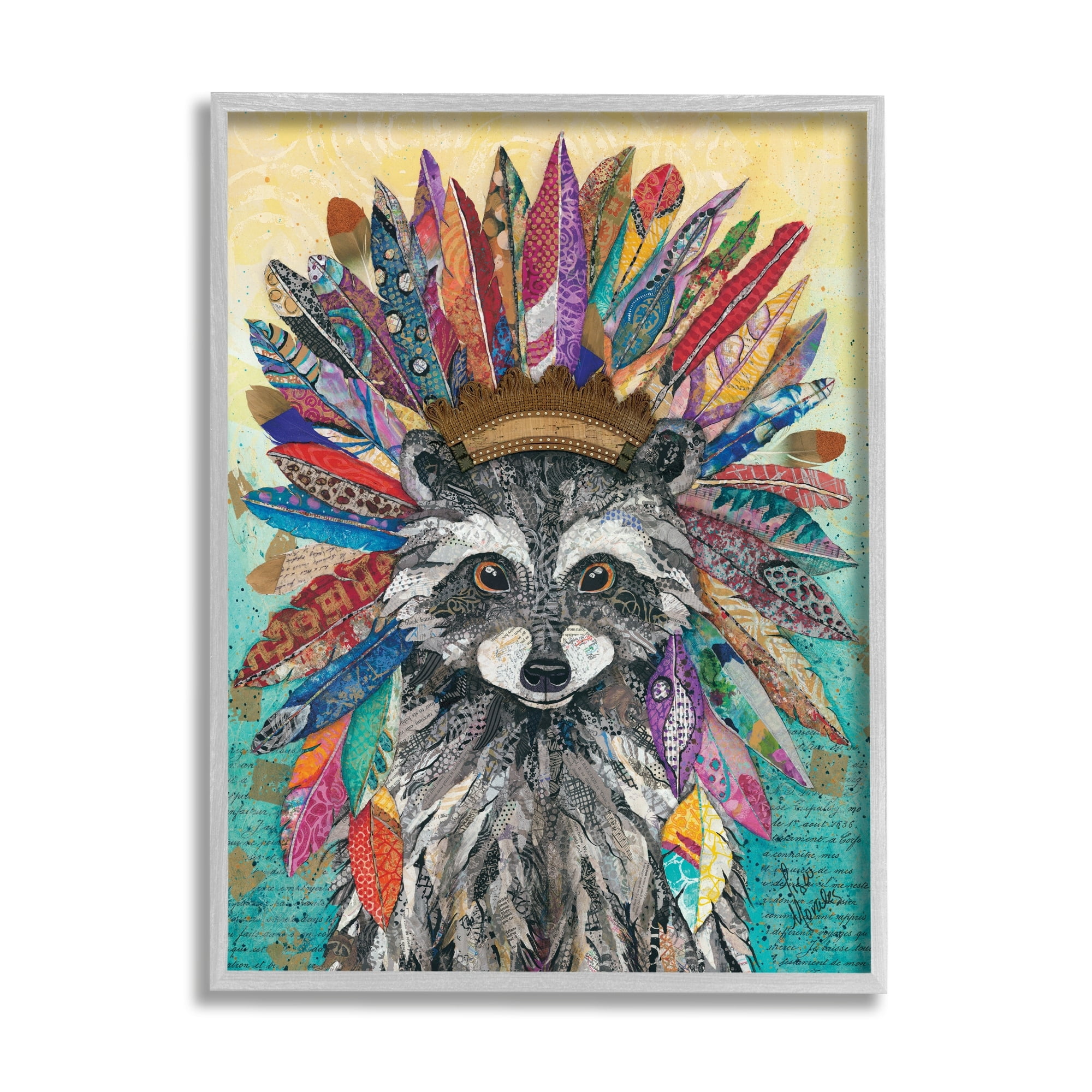 Stupell Industries Bold Tribal Raccoon Mixed Ephemera Collage Painting Painting Gray Framed Art Print Wall Art, Design by Lisa Morales