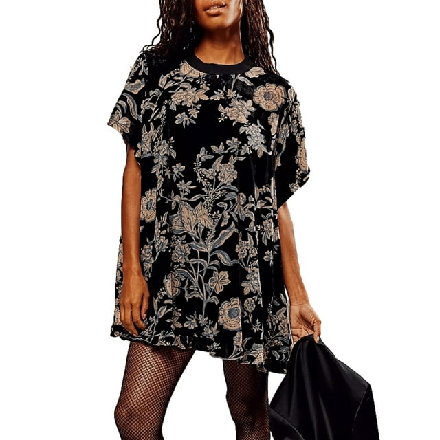 Gupgi Robe Fleurie en Velours pour Femme Robe Bohème à Manches Courtes Robe d'Été Ample Robe Courte