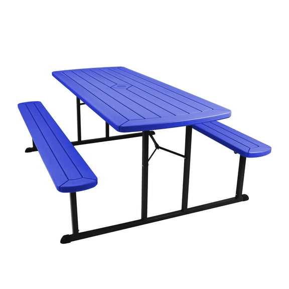 Hampden Furnishings Travis Collection Folding Picnic Table with Built-In Benches, UV-Resistant Outdoor Table, Portable & Sturdy with Umbrella Hole, Blue