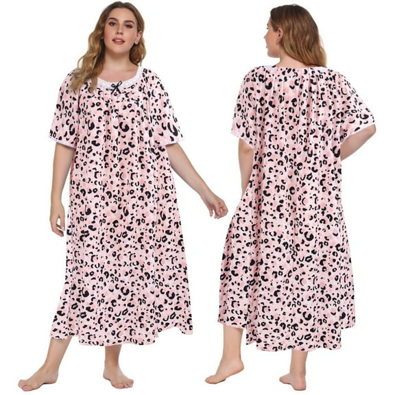 Women's Plus Size Nightgown Short Sleeve House Dress Sleepwear Long Nightdress Lace Square Neck Night Gown Oversized Loungewear Full Length Loose Sleep Dress Floral Print Sleepshirts,XL-5XL
