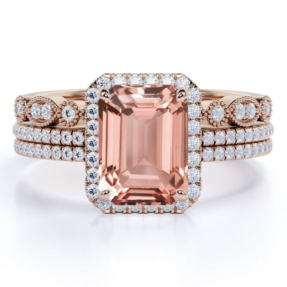 JeenMata Perfect 1.75 Carat Lab created Emerald Cut created morganite and Moissanite Trio Wedding Ring Set in 18k Rose Gold over Silver