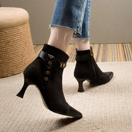 

Cathalem Boots for Women Booties Flat Heel High Heeled Shoes For Women And Ankle Boots Autumn And Winter Thin Heel Leather Shoes Black 7